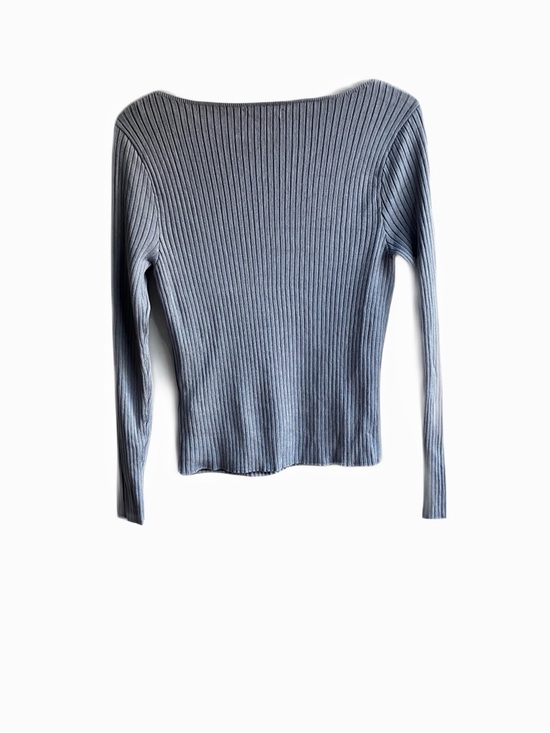 Abercrombie & Fitch Gloss Slashneck Sweater Size L Blue Ribbed Boatneck Knit Top - Picture 2 of 11